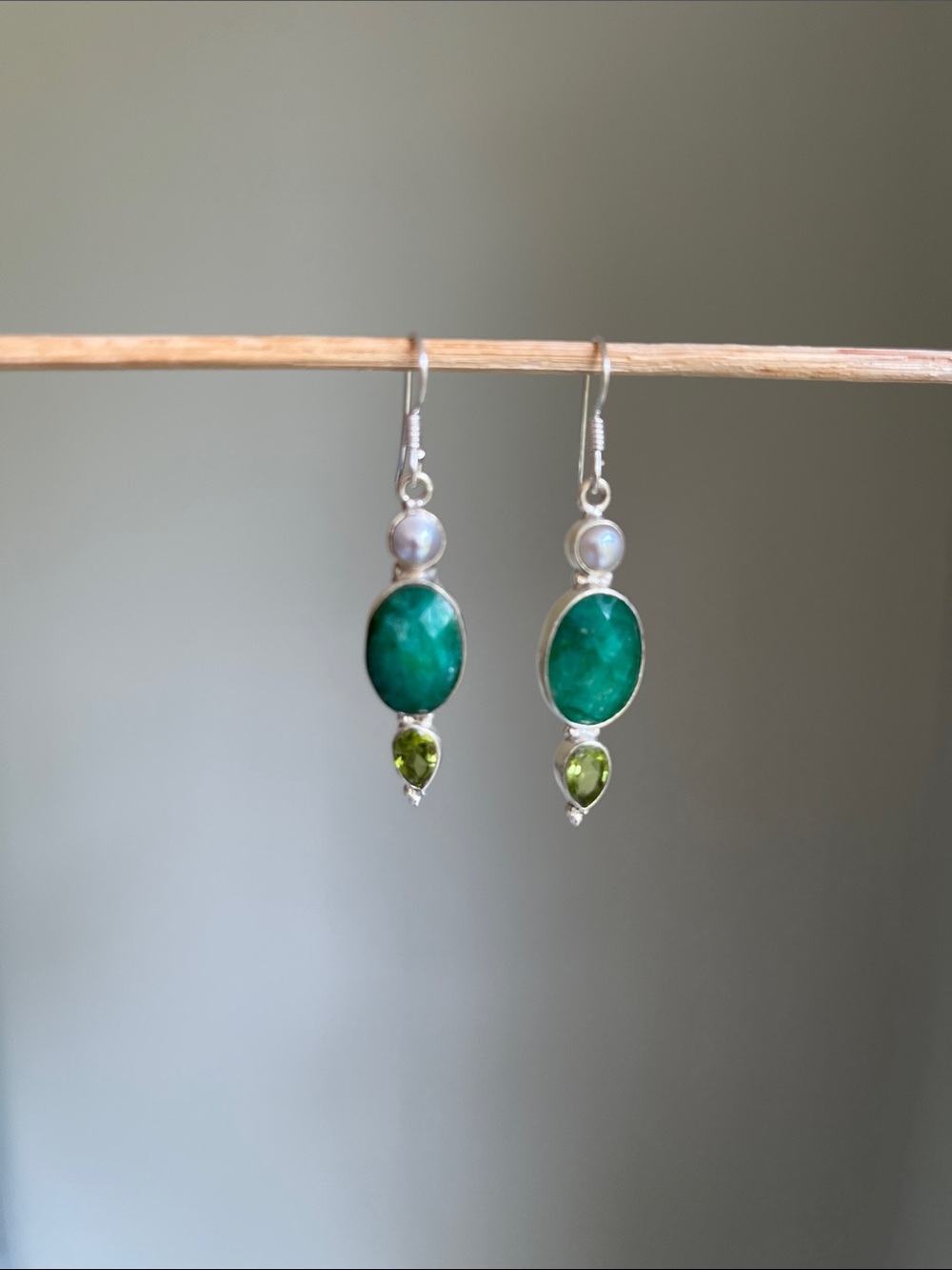 Raw Emerald Sterling Silver Pearl and Peridot Drop Earrings